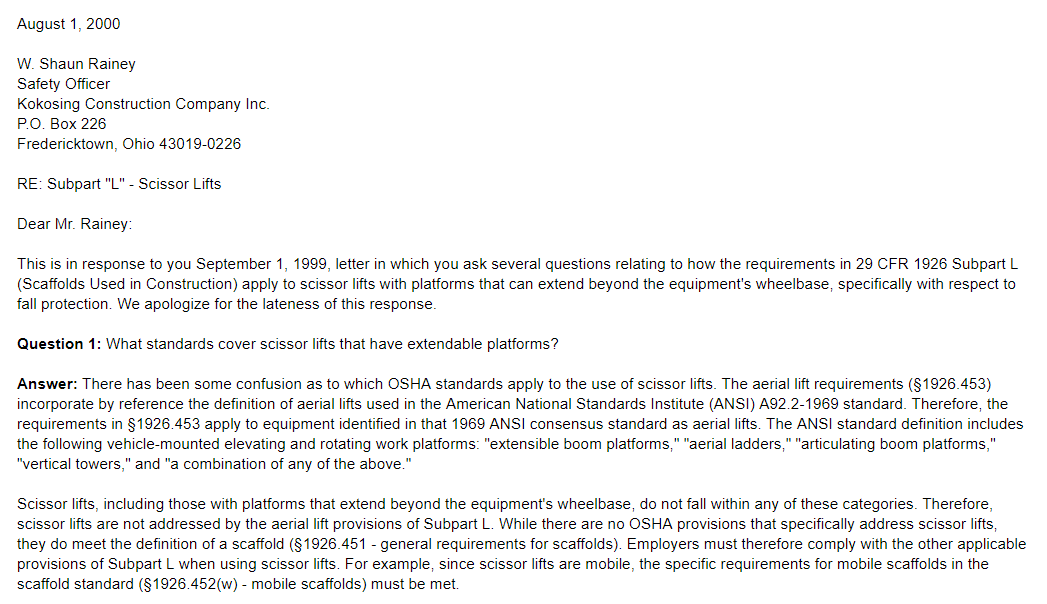 Scissor Lift Classification OSHA Letter of Interpretation