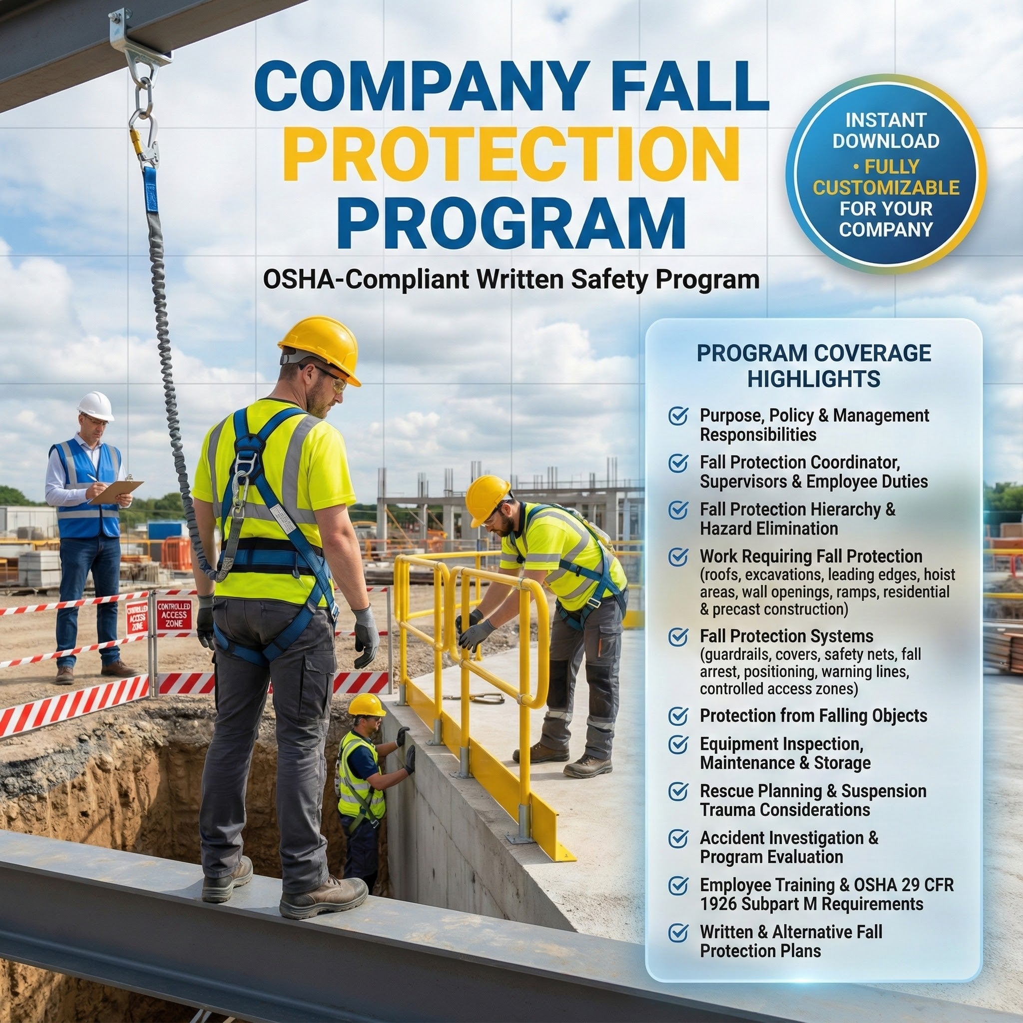 A product marketing graphic for a customizable "Company Fall Protection Program" document. The background shows a construction site with workers using harnesses and guardrails. Text lists OSHA-compliant contents including management responsibilities, hazard elimination, equipment inspection, and rescue planning.