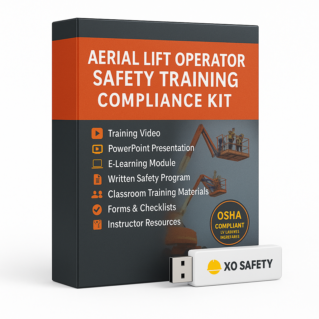 Aerial lift operator safety training compliance kit with USB drive on a white background
