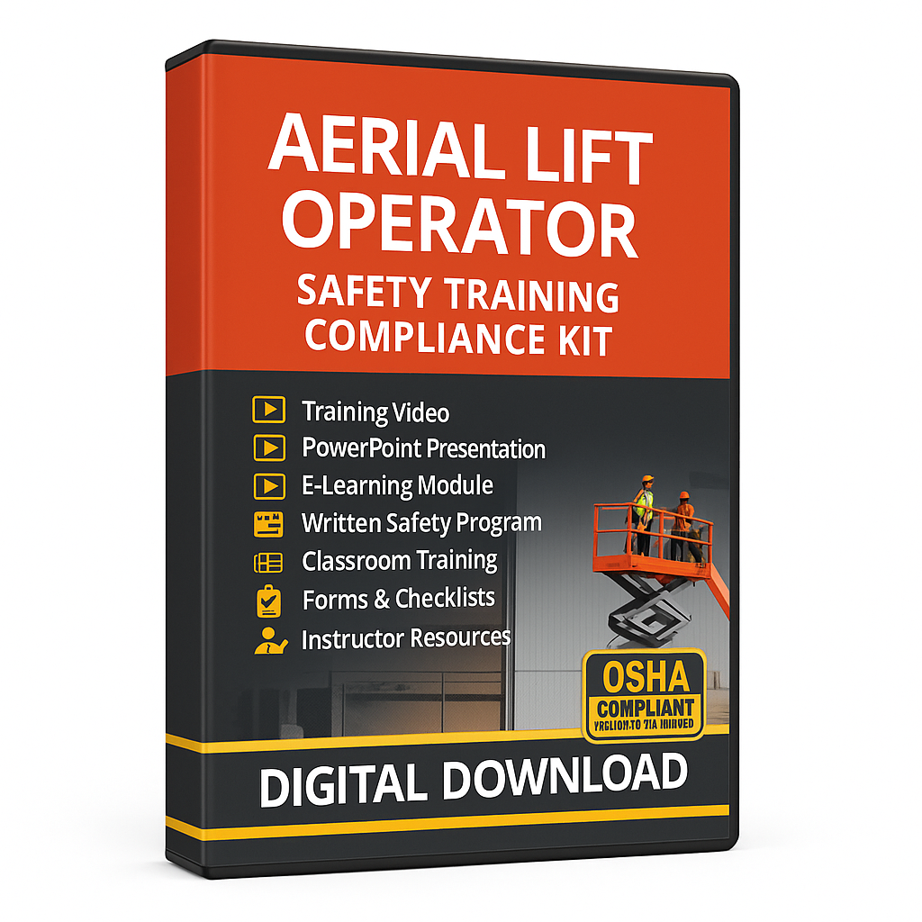 Aerial lift operator safety training compliance kit packaging with OSHA compliance label for digital download
