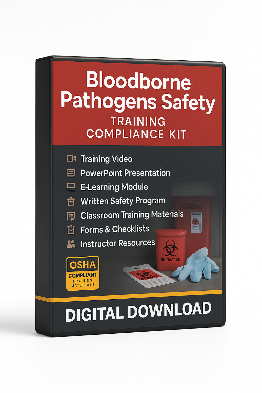 Bloodborne Pathogens Safety Training Compliance Kit packaging with OSHA compliance label on a white background for digital download