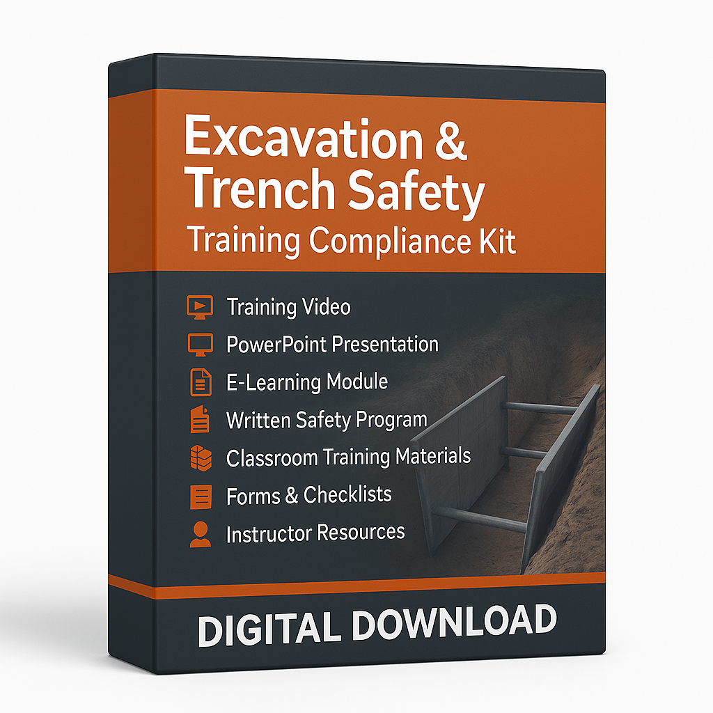 Excavation & Trench Safety Training Compliance Kit packaging with text and images of safety equipment for digital download