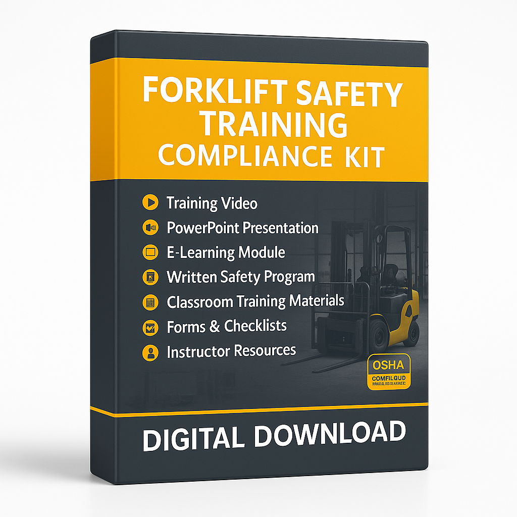 Forklift safety training compliance kit packaging with OSHA logo on a white background for digital download