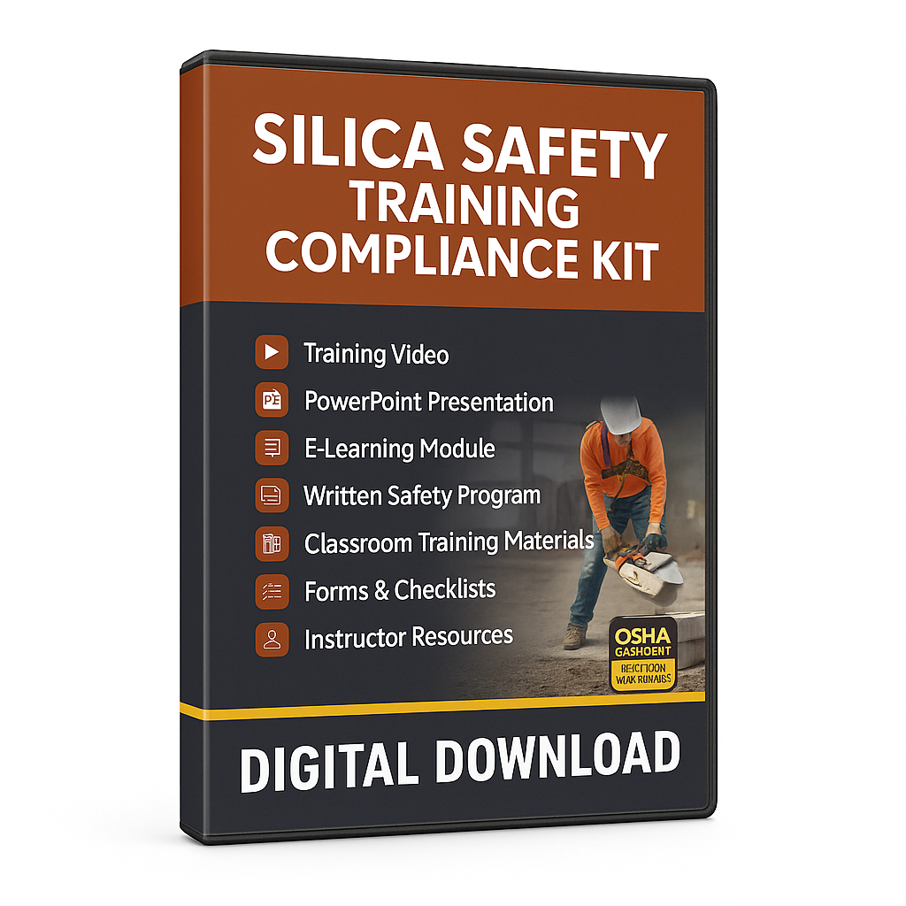 Silica safety training compliance kit packaging with OSHA logo on a white background for digital download