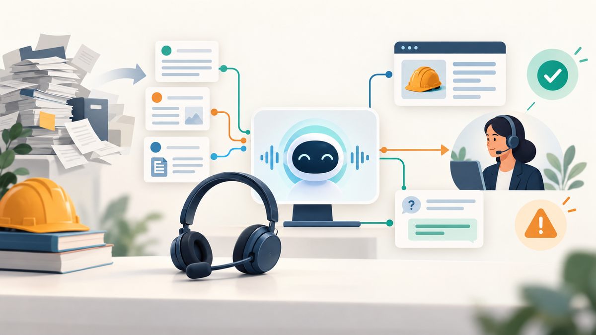 Illustration of an AI receptionist connected to organized knowledge documents, safety-training information, and a human support representative.