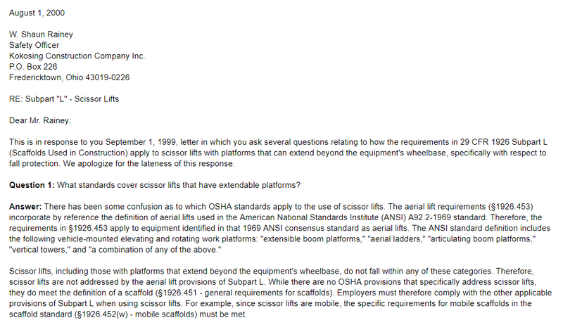 Scissor Lift Classification OSHA Letter of Interpretation