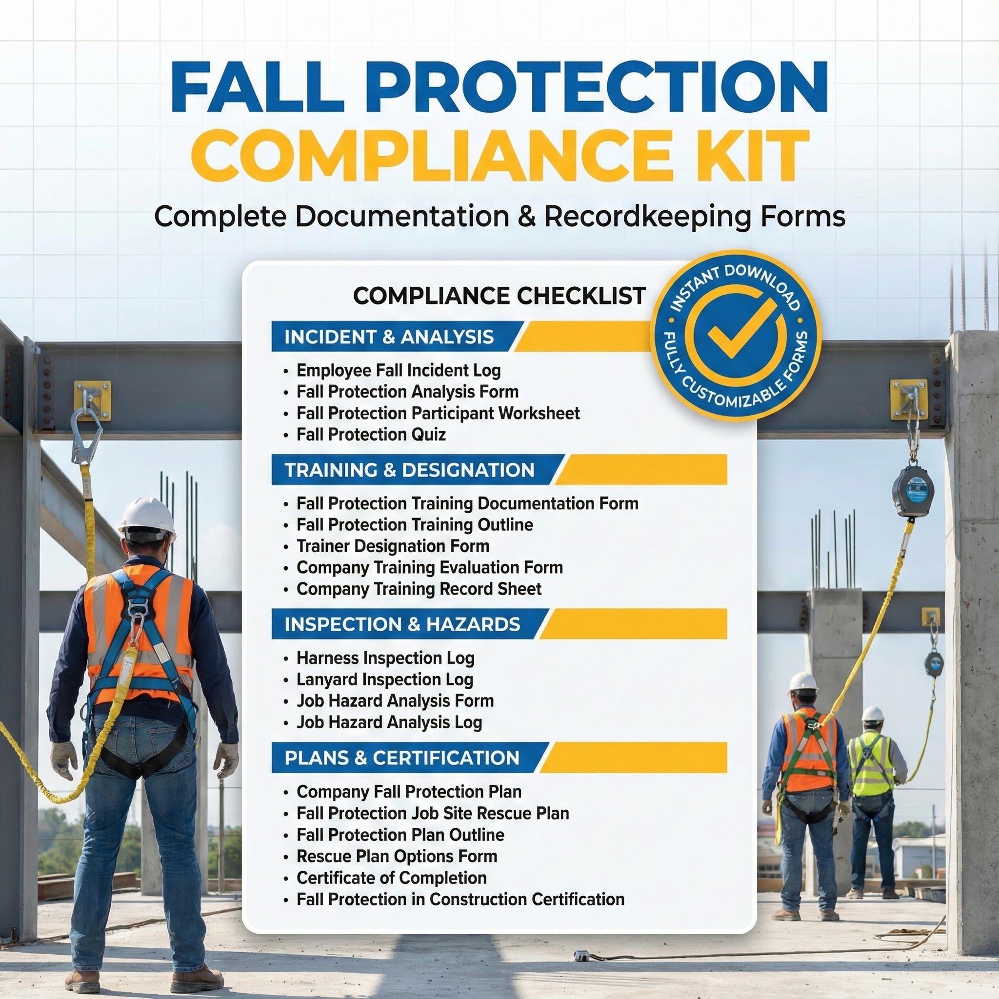 Marketing graphic for an instant download "Fall Protection Compliance Kit," showing a checklist of customizable safety forms and logs against a construction site background with workers using fall protection gear.
