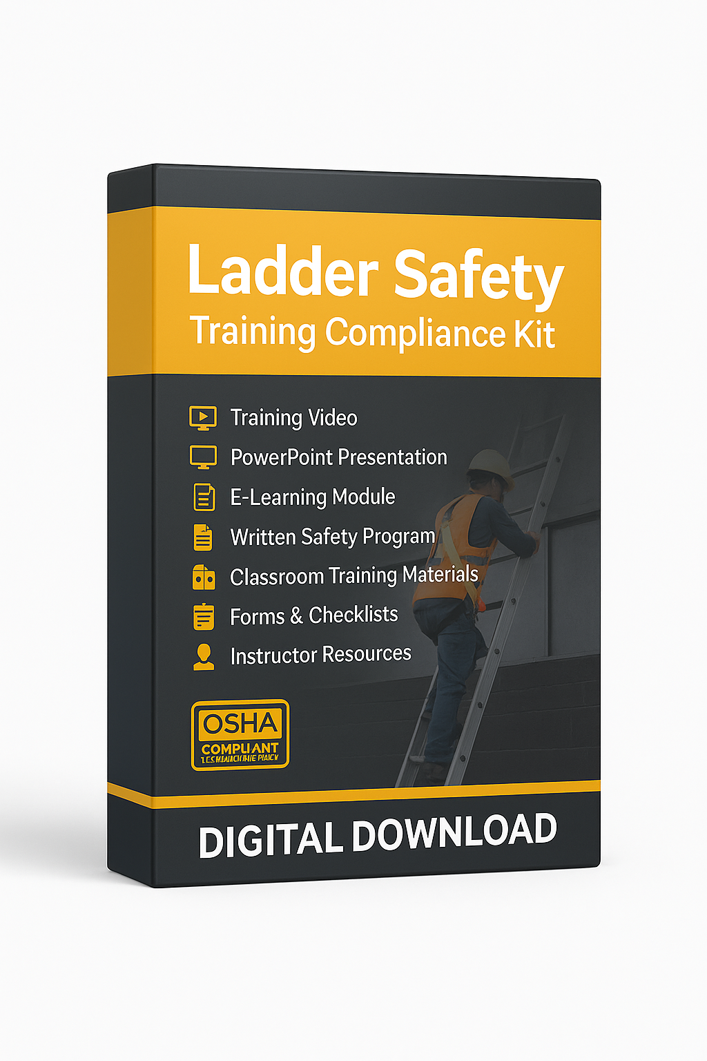 Ladder Safety Training Compliance Kit packaging with OSHA compliance logo on a white background for digital downloads