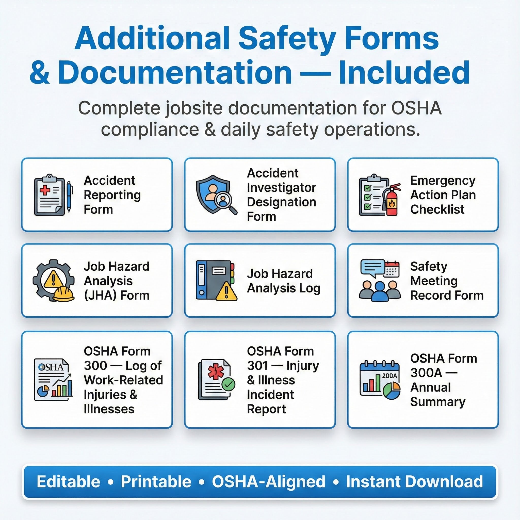 Collection of safety forms and documentation for OSHA compliance on a white background.