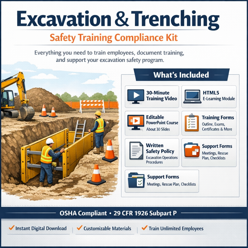 Infographic showing the contents of an Excavation and Trenching Safety Training Compliance Kit, including a 30-minute training video, HTML5 e-learning module, editable PowerPoint course, training forms, written safety policy, and safety support forms. The illustration shows workers in PPE installing a trench box with ladder access and safety cones at an excavation jobsite, with OSHA 29 CFR 1926 Subpart P compliance noted.