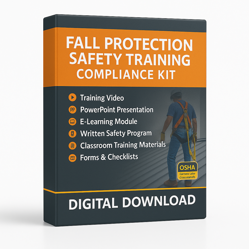 Fall protection safety training compliance kit with OSHA logo on a white background for digital download
