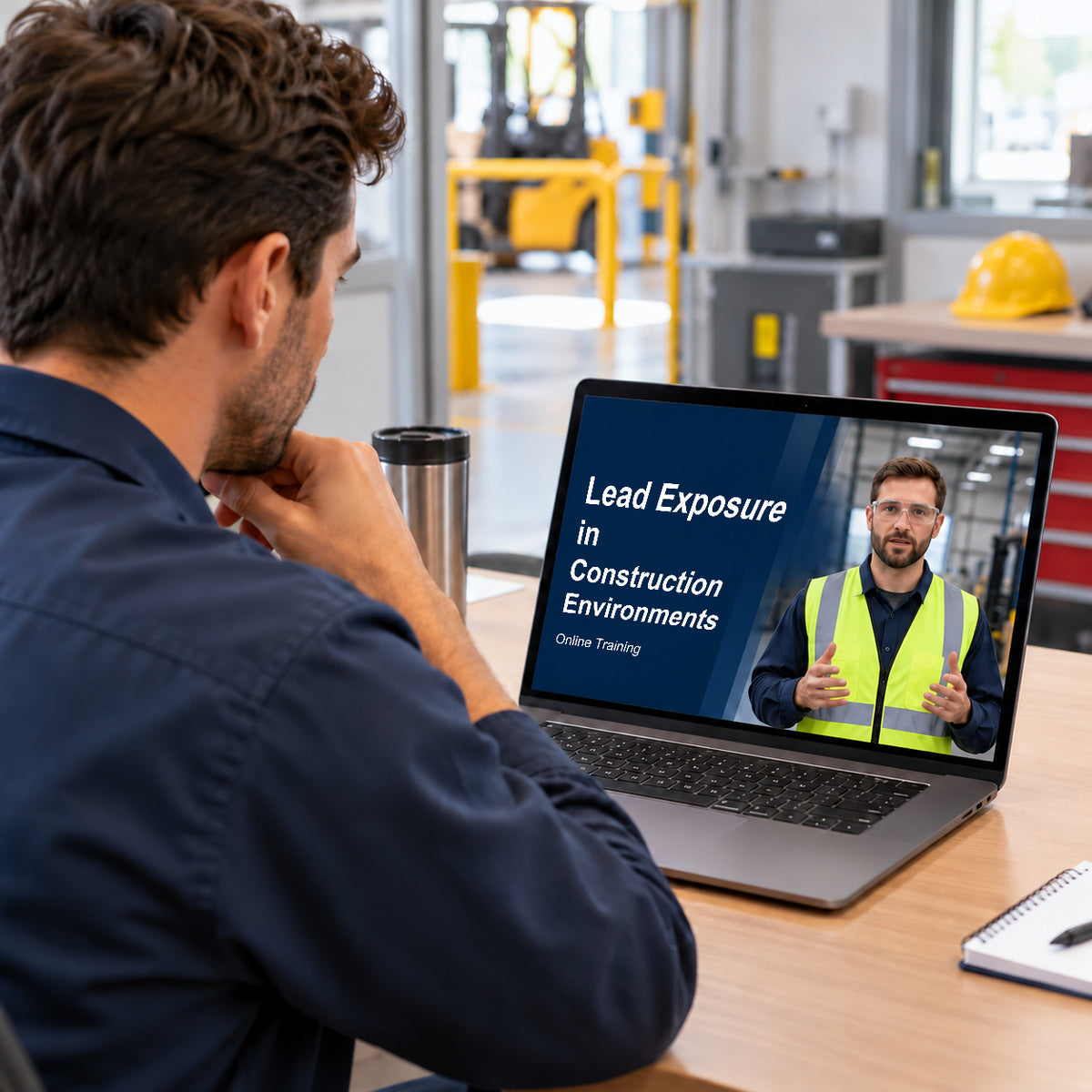 Employee viewing Lead Exposure in Construction Environments online training on a laptop.