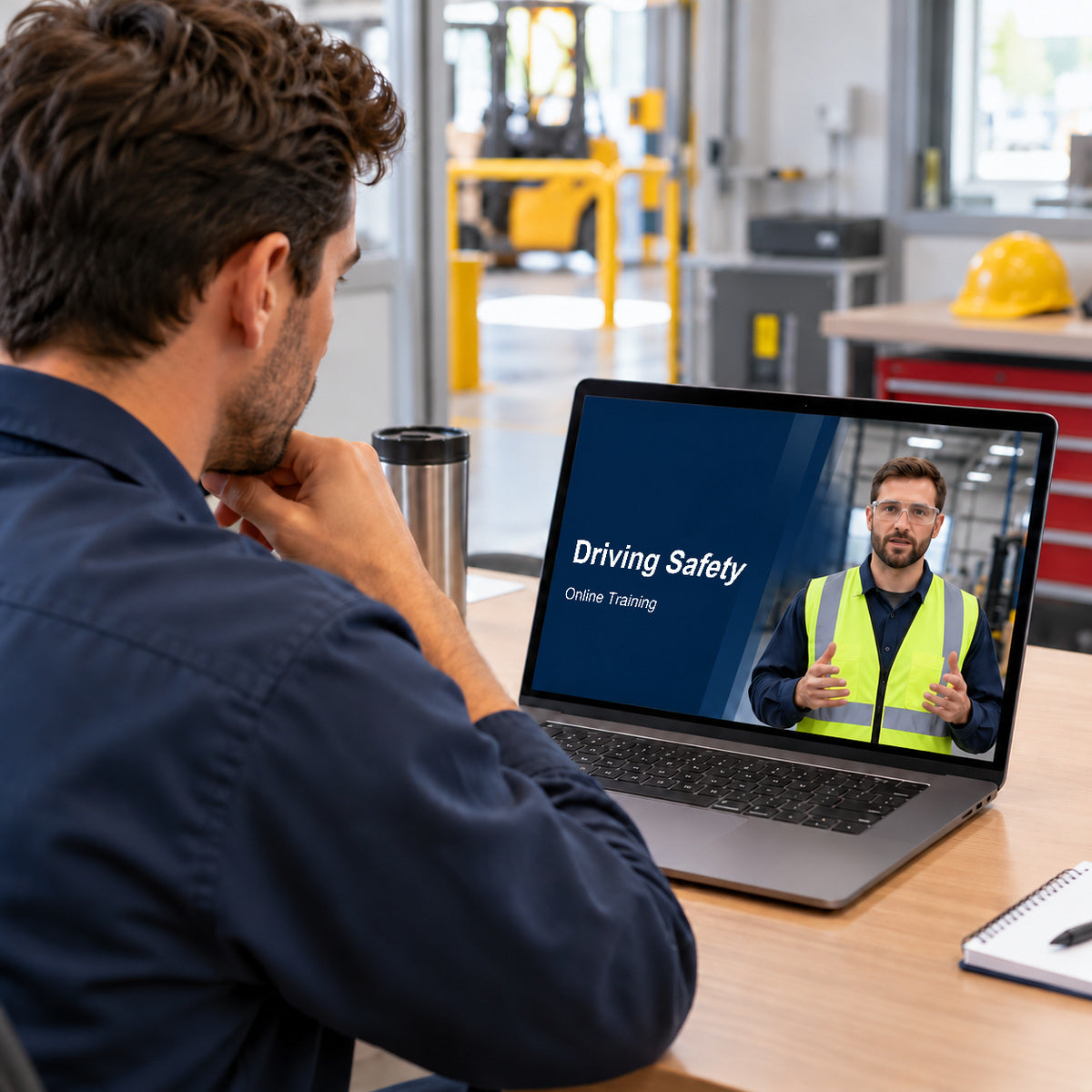 Employee viewing Driving Safety online training on a laptop.
