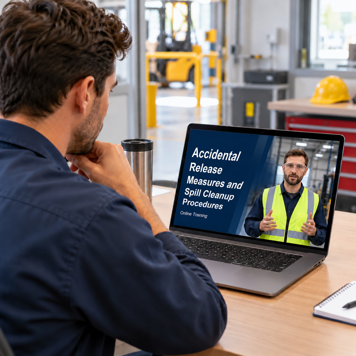 Employee viewing Accidental Release Measures and Spill Cleanup Procedures online training on a laptop.