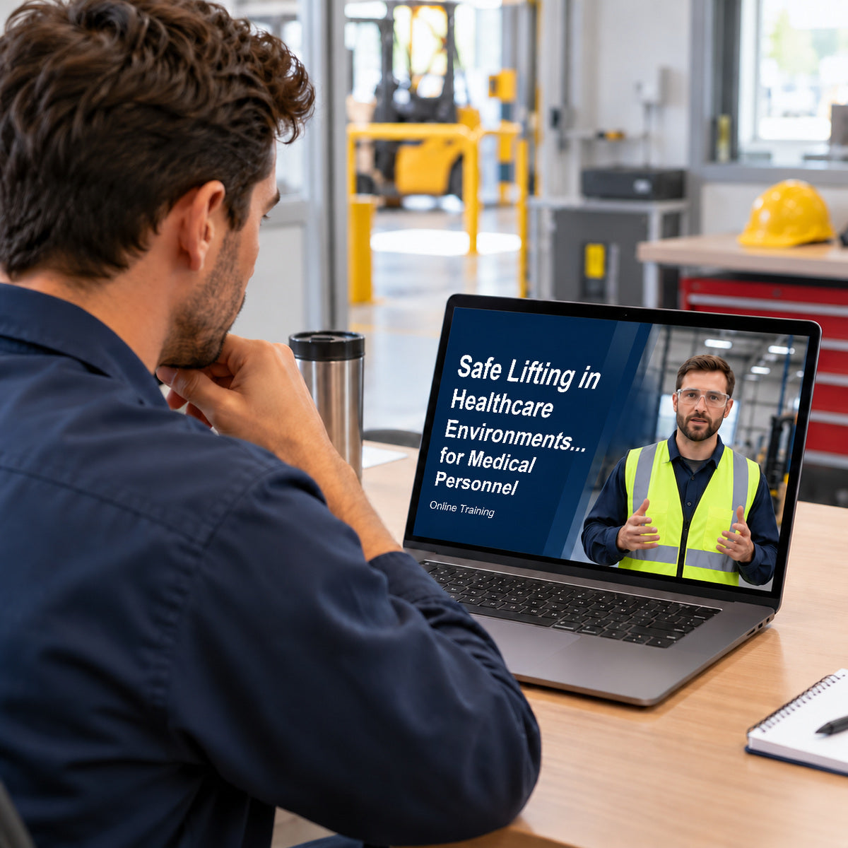 Employee viewing Safe Lifting in Healthcare Environments... for Medical Personnel online training on a laptop.