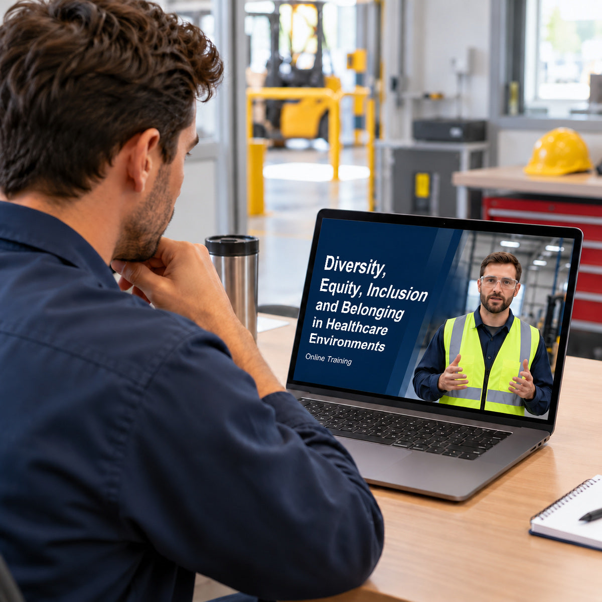 Employee viewing Diversity, Equity, Inclusion and Belonging in Healthcare Environments online training on a laptop.