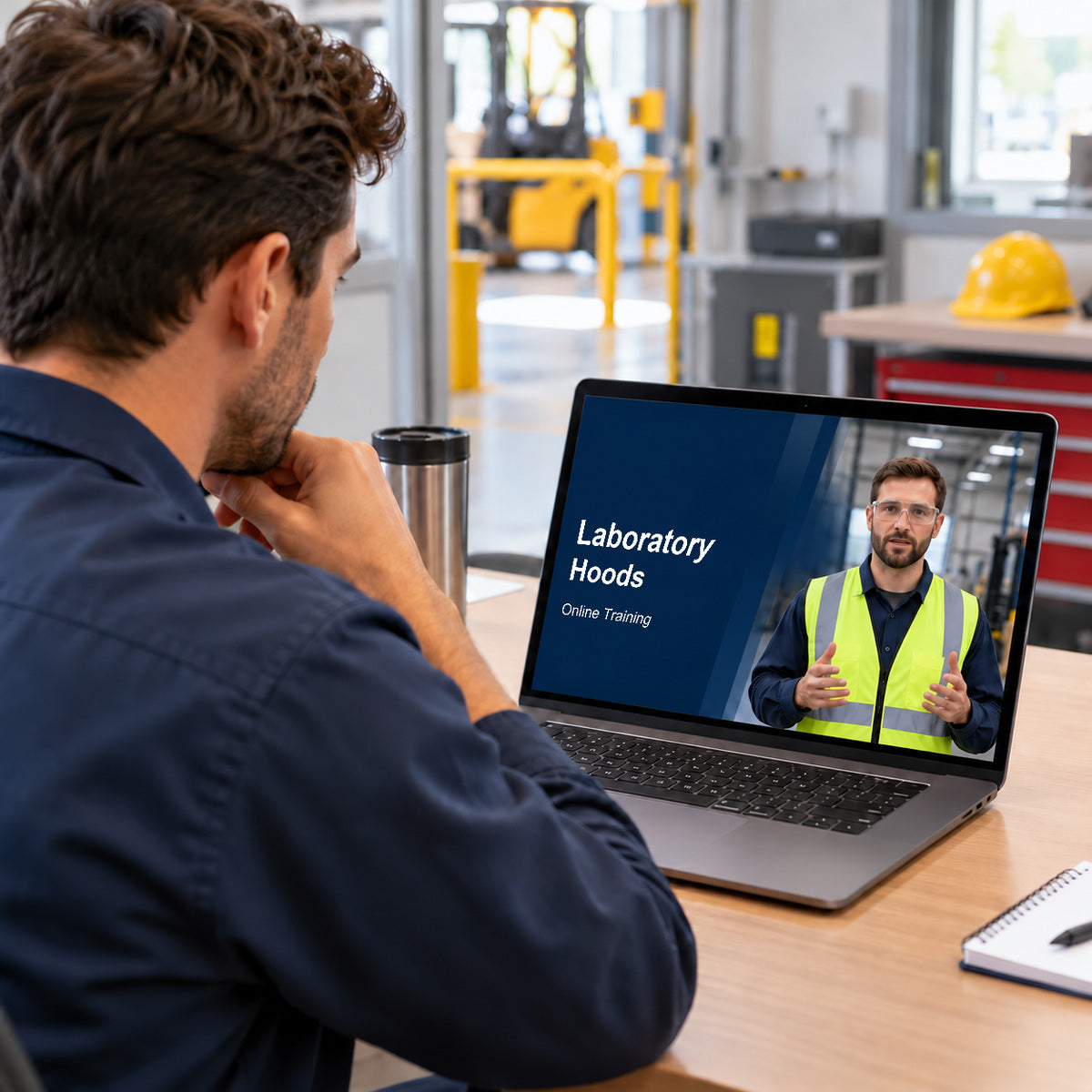 Employee viewing Laboratory Hoods online training on a laptop.