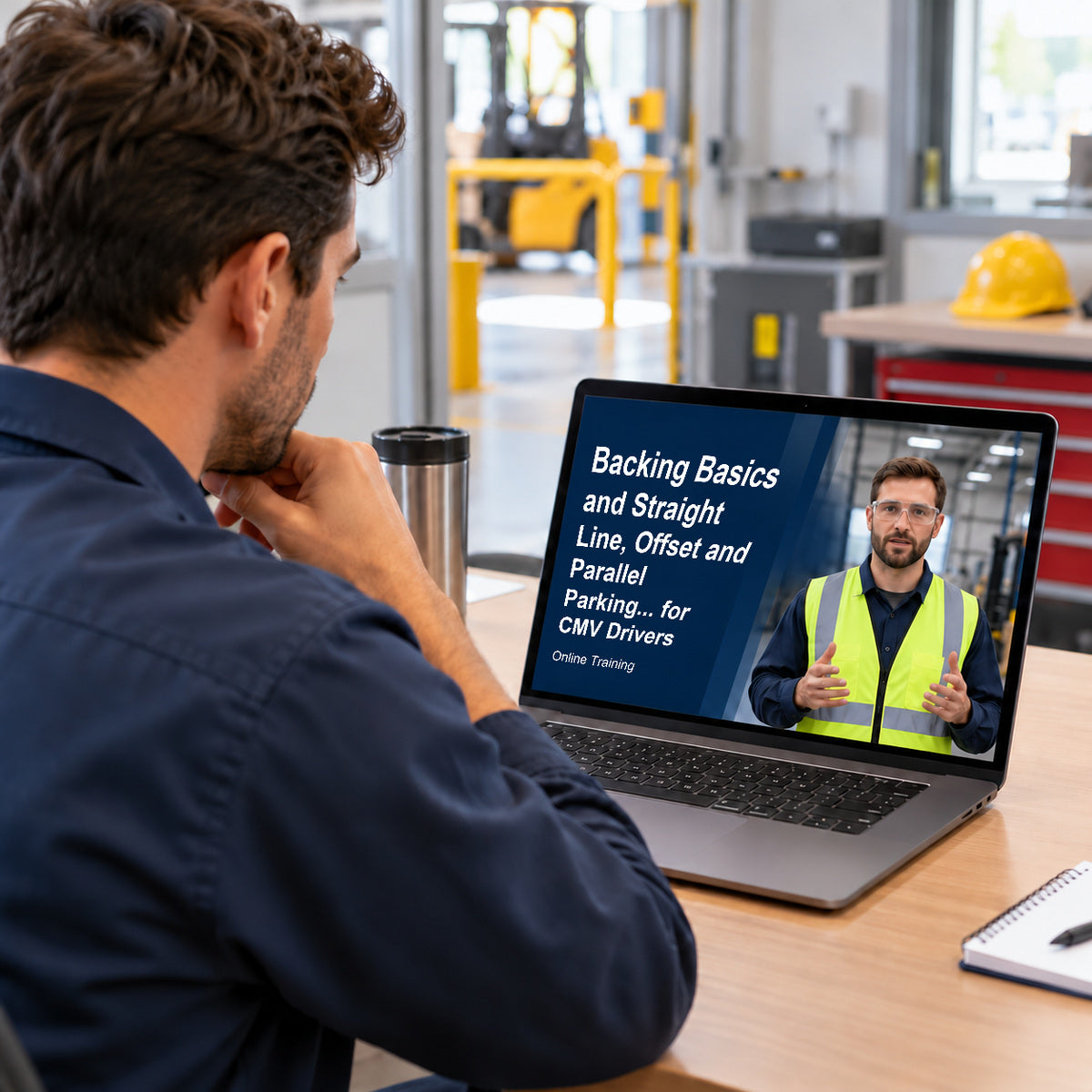 Employee viewing Backing Basics and Straight Line, Offset and Parallel Parking... for CMV Drivers online training on a laptop.