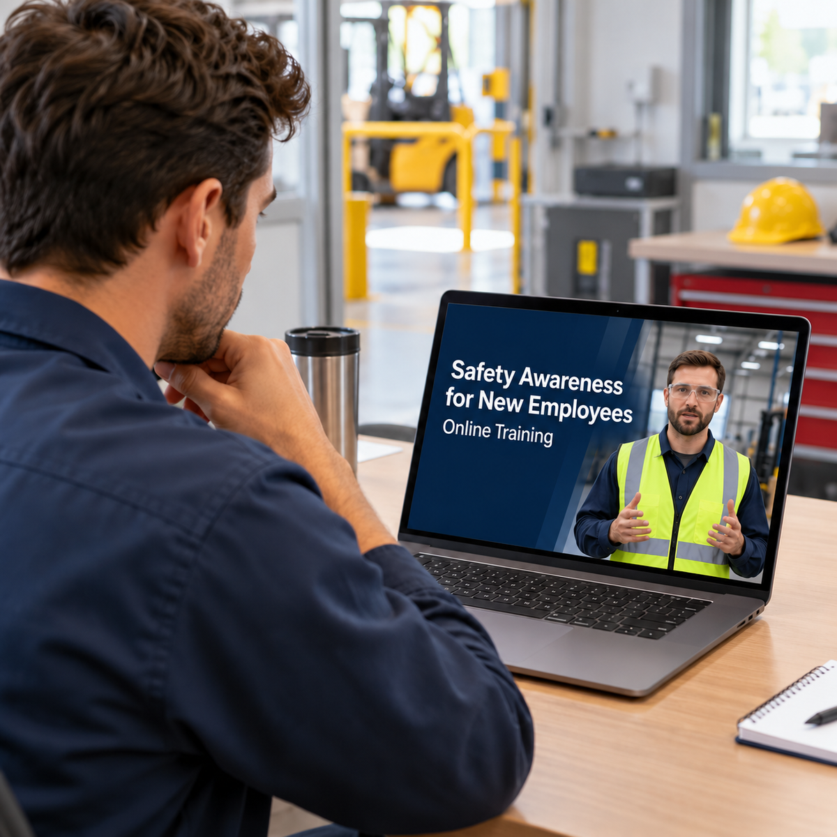 Employee viewing Safety Awareness for New Employees online training on a laptop in an industrial workplace.