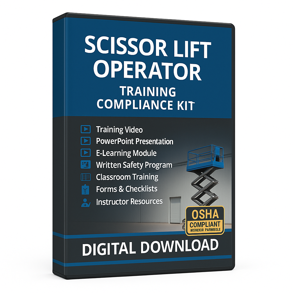 Scissor lift operator training compliance kit packaging with OSHA compliance label for digital download